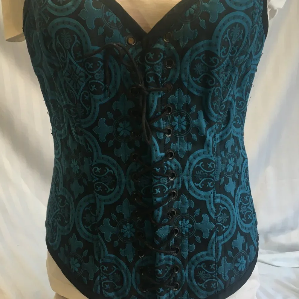 Brocade Reversible Blue Purple Steel Boned Waist Training Shaper Corset Sz Lg - Picture 1 of 16